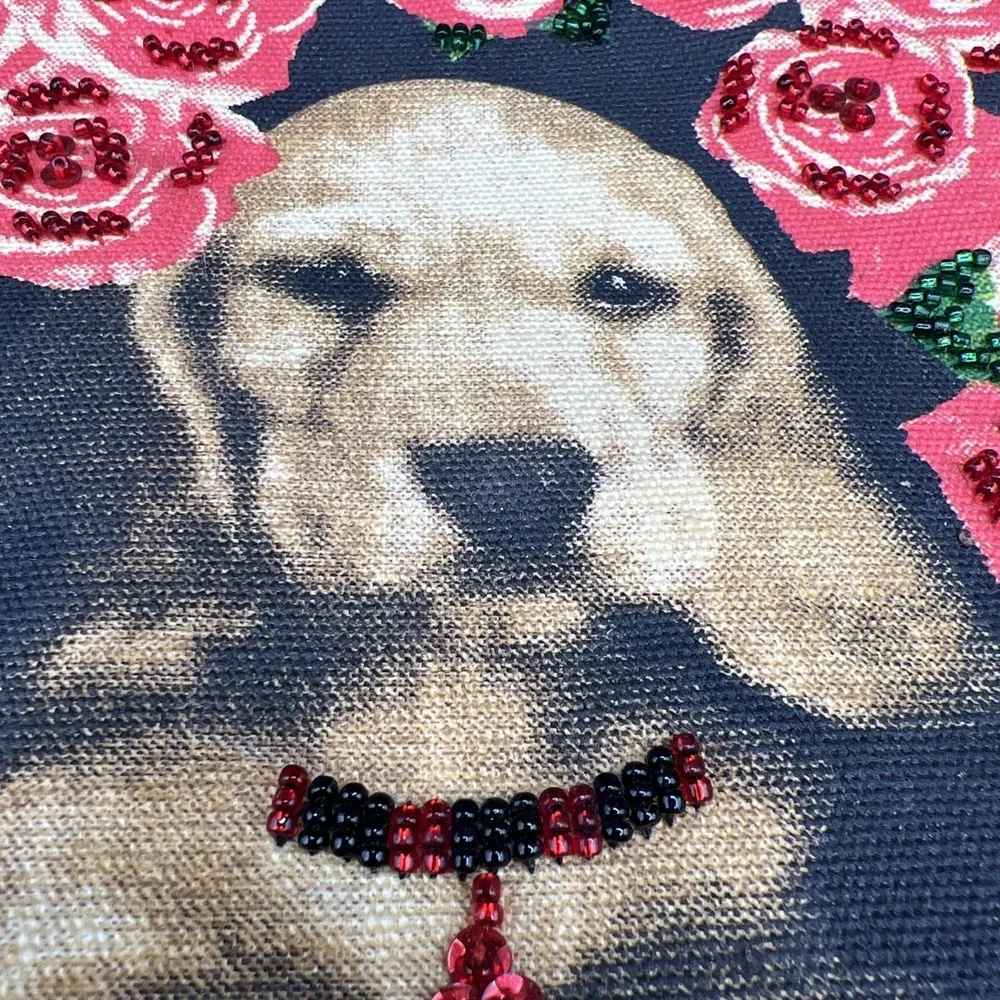 Vintage Y2K Braciano Golden‎ Retriever Puppy Cosmetic Bag Pink Sequin Rose
